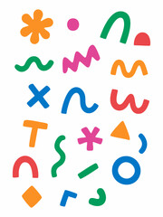 Colorful vector icons set of alphabet letters, numbers, and words like fridge magnets for children's education and spelling