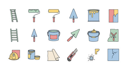 Construction and Renovation Tools: Ladder Rollers Trowels Paint Buckets Wallpaper and Utility Knife.