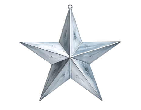 Silver metallic star with five pointed design.