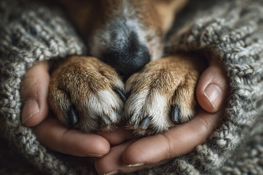 Human hands cupping dog paws close up cozy intimate moment showing pet care and affection with warm knitted fabric background