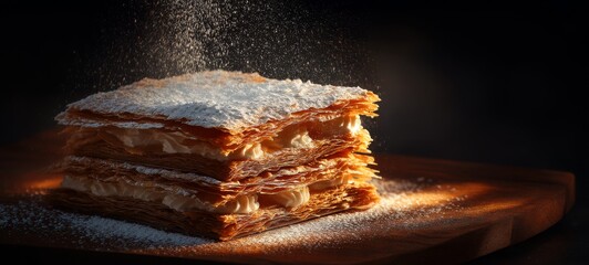 Mille-feuille with powdered sugar, warm rim lighting, dark elegant background, refined texture contrast, chef-style plating, luxury dessert, gourmet pastry photography, fine-dining dessert styling