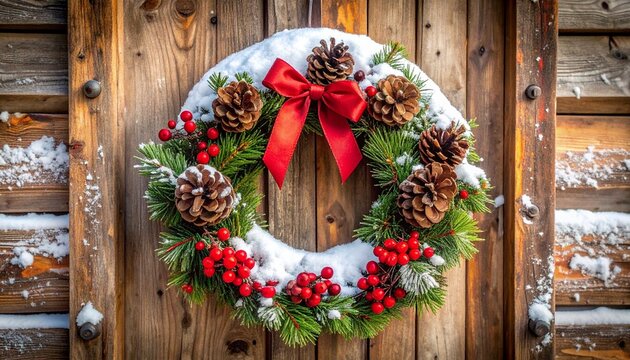 christmas wreath pinecones berries ribbon wooden door winter snow festive decoration holiday rustic cozy seasonal traditional greenery natural texture red accent outdoor charm scene