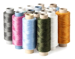 Close-up of colorful thread spools arranged on white background