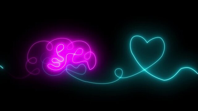 Vibrant Neon One-Line Illustration of a Glowing Brain Connected to a Heart, Representing Emotional Intelligence, Mind&ndash;Emotion Balance, Psychology, Wellness, and Mental Connection.