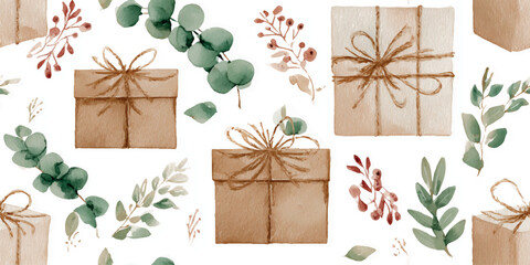 A neutral watercolor seamless pattern of beautifully wrapped gift boxes and delicate eucalyptus branches, perfect for minimalist holiday packaging, wedding favors, and fine stationery.