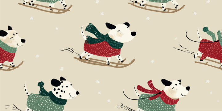 A whimsical and fun seamless pattern of cartoon dogs wearing scarves and sweaters riding on wooden sleds in a playful folk art style, excellent for children's fabrics and stationery.