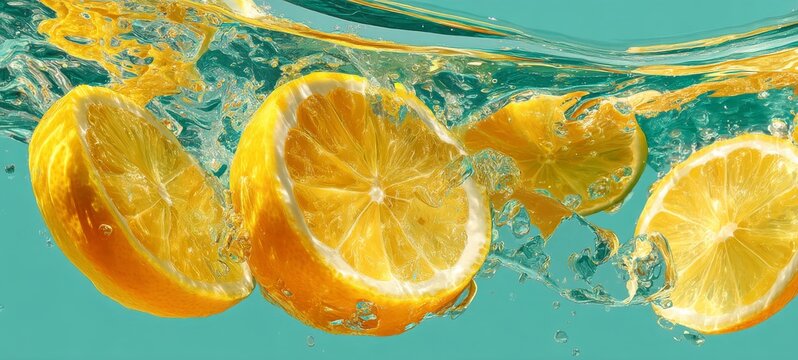 Citrus water with sliced lemons in motion, glass reflections, bright daylight, refreshing vibrant palette, modern graphic layout, healthy beverage, energetic commercial food photography