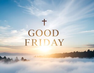 Typhography good friday celebration, a church silhouette on a blue sky with clouds