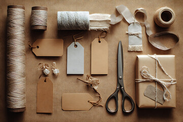 Charming gift wrapping arrangement featuring natural twine, tags, and elegant scissors for creative projects and personalized presents
