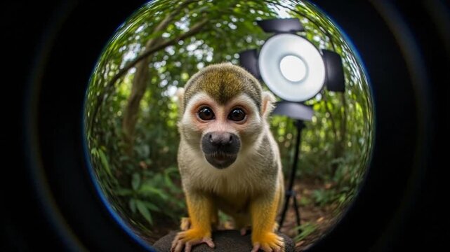 Captivating Squirrel Monkey Portrait with Lush Jungle Backdrop and Creative Lighting