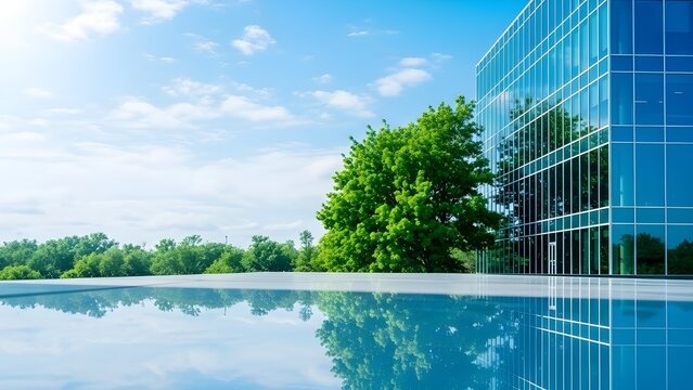 Modern building reflection with green trees and blue sky on a sunny day