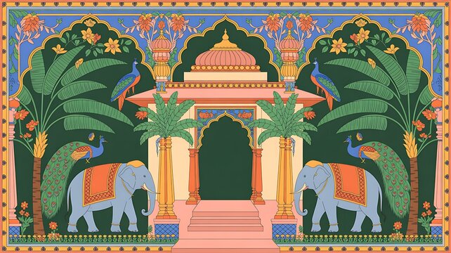 Mughal garden forest wallpaper with palace, domes, peacock, palm trees and floral plants illustration