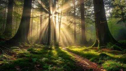 Sunlight rays piercing through a dense, misty forest canopy