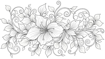 Fototapeta premium Intricate black and white line art illustration of elegant flowers and swirling leaves, perfect for a decorative border or adult coloring book.
