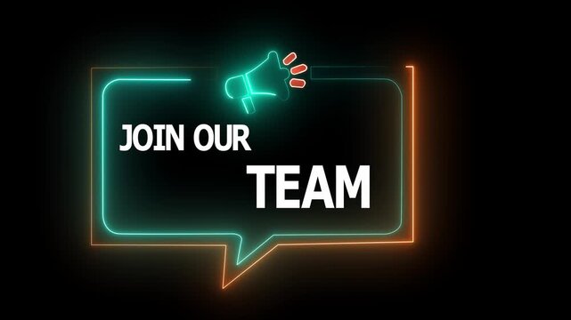 Vibrant Blue and Yellow Neon Speech Bubble with Megaphone Icon Highlighting Key Facts and Announcements in a Modern Digital “Join our team” Information Concept.