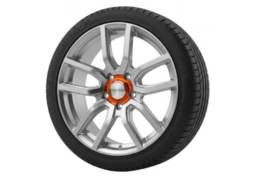 Silver alloy car wheel with orange accent isolated on transparent background for automotive and customization use cases - Powered by Adobe