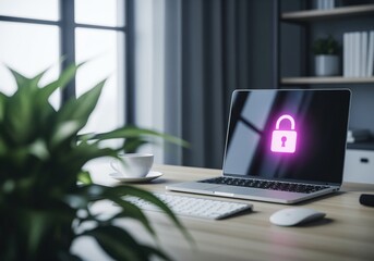 Secure laptop screen displays glowing pink padlock icon on wooden desk symbolizing digital data protection.