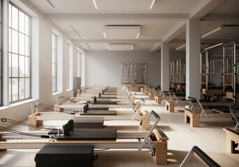 Clean, modern pilates studio interior with natural light illuminating rows of empty reformer equipment