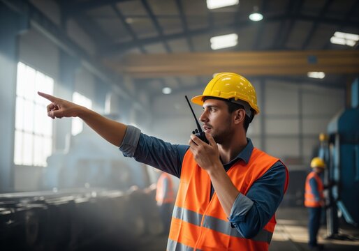 Young engineer wearing safety gear pointing and speaking on a walkie talkie inside a large industrial factory. - Powered by Adobe