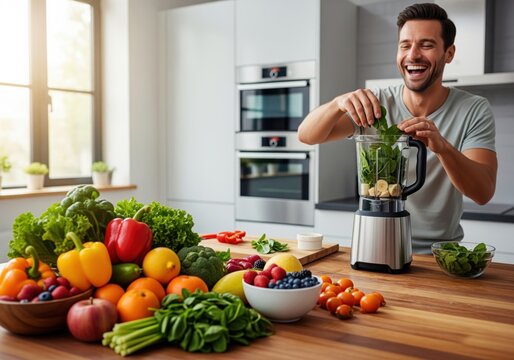 Cheerful man preparing a healthy green smoothie with fresh fruits and vegetables in a bright kitchen.
