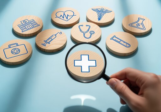Magnifying glass focusing on a medical cross icon surrounded by essential healthcare symbols on wooden tokens. - Powered by Adobe