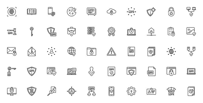 GDPR icon set. Minimal line vector icons pack. Inclues symbols for privacy, daa protection, security, sheld, lock, document, cooki and more.