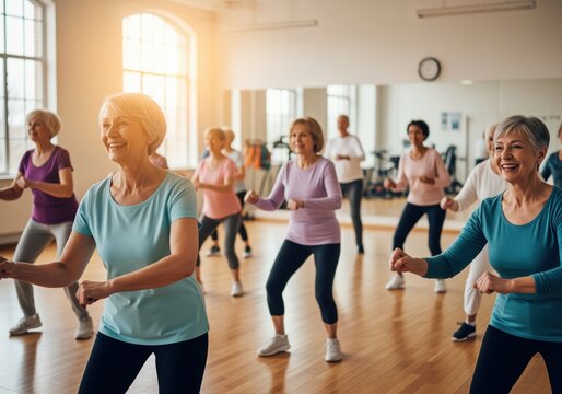 Group of active senior women smiling while exercising together in a bright fitness studio