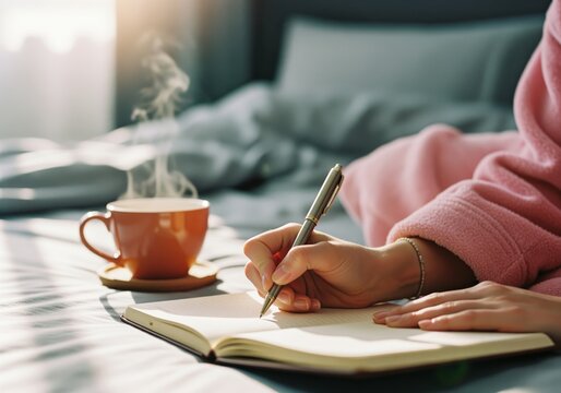 Woman writing in a notebook on the bed with a pen next to a steaming coffee mug in soft morning light.