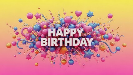 Happy birthday text surrounded by colorful 3d balloon and confetti explosion