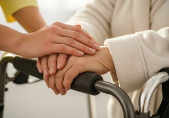 Gentle hands of a caregiver providing compassionate support to an elderly woman using a mobility walker.