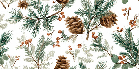 Naklejka premium Watercolor pine branches and cones with orange berries seamless repeating pattern for natural Christmas fabrics, design, and packaging.