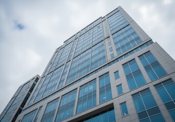 Low angle view of a modern corporate skyscraper featuring a blue glass facade and gray cloudy sky