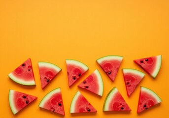 Fresh watermelon slices scattered on a bright orange background with ample copy space for summer concepts.