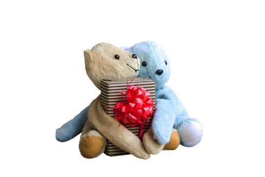 couple teddy bear toy holding gift box for special in christmas and new year festival day arrangement flat lay postcard style 