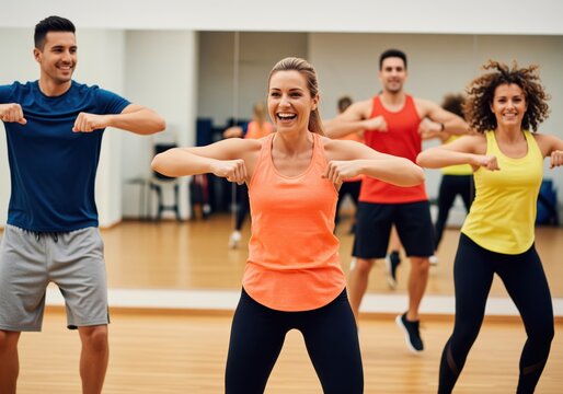 Cheerful men and women enjoying a high energy group aerobics or fitness dance class in a bright gym studio