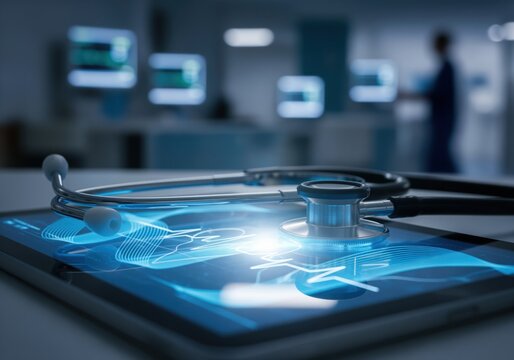 Modern stethoscope resting on a tablet screen with glowing blue heart rate data in a futuristic hospital