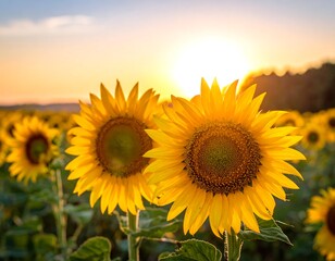 Obraz premium Golden sunflowers glow as the sun sets over a vibrant field