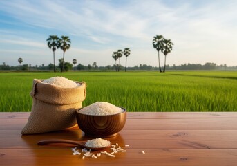 Naklejka premium Raw white rice in a burlap sack and wooden bowl set on a rustic table against a tropical rice farm.