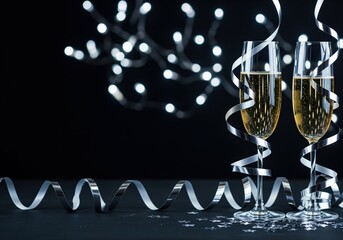 Elegant champagne glasses wrapped in silver ribbon with festive bokeh lights on a dark background
