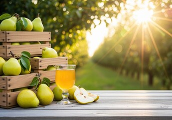 Ripe green pears and fresh juice on a wooden table with crates in a sunny orchard harvest.