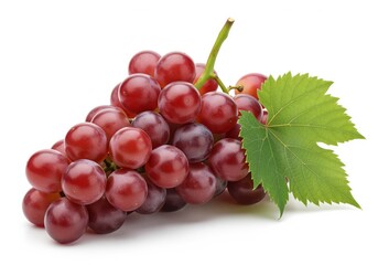 Cluster of fresh ripe red grapes with a vibrant green leaf isolated on white background.