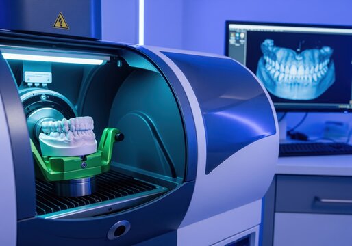 Modern dental CAD CAM system processing plaster teeth model with digital jaw scan on monitor