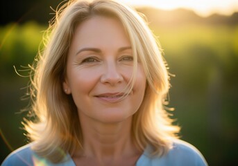 Attractive mature woman with blonde hair smiling confidently in warm golden hour light