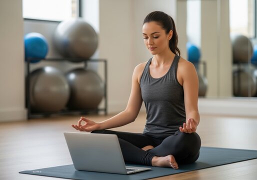 Focused woman meditating on a yoga mat using a laptop for online fitness training in a modern studio.