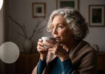 Thoughtful senior woman with gray hair sipping hot tea from a white cup while relaxing indoors.