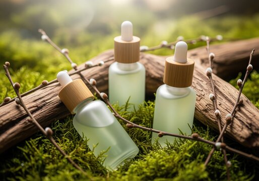 Three frosted dropper bottles of natural cosmetic oil displayed on lush green moss and wooden branches
