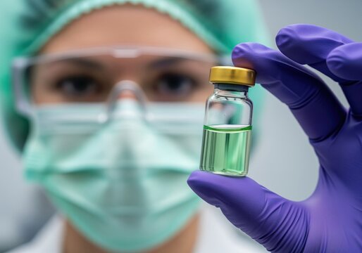 Healthcare worker in mask and gloves holds a glass medicine vial containing green solution.