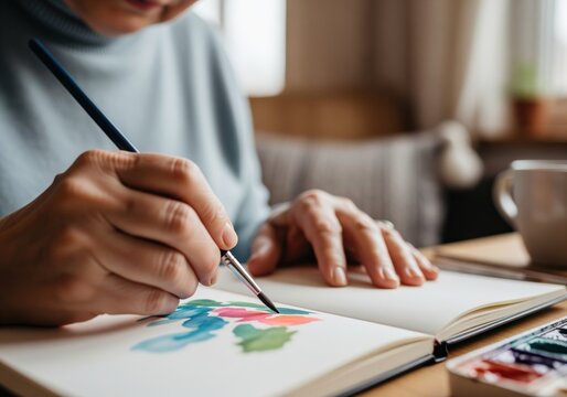 Detailed view of a mature woman holding a brush and applying watercolor paint to paper in a notebook.