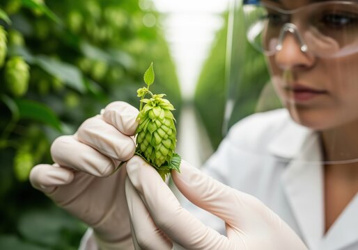 Scientist wearing gloves and safety glasses closely examines fresh green hop cone in agricultural research facility.