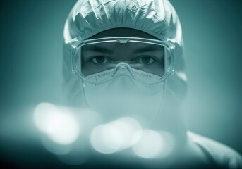 Close up of a medical professional in full protective hazmat suit mask and safety goggles